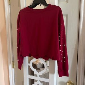 Red pearl embellished crop top with scallop detail